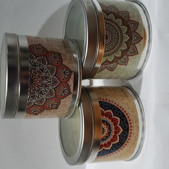 Karma. Set of 3 Candles; Tin Containers; Patchouli, Sandalwood & Jasmine. NWT - Picture 1 of 12